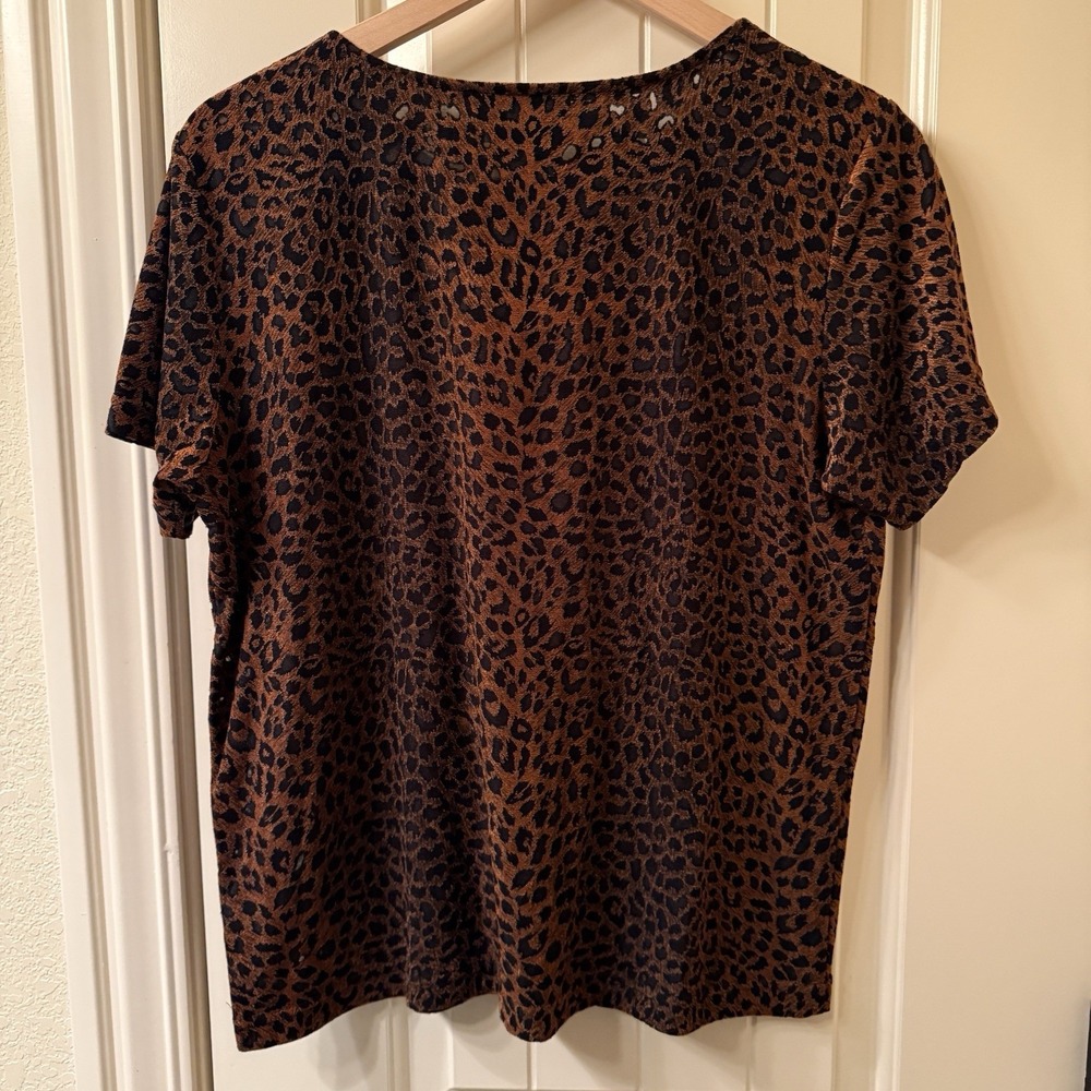 Vintage 90s Carole Little Leopard Animal Print Top XL Sheer Knit Short Sleeve - Picture 6 of 6